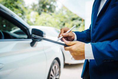 man in suit filling out form by car