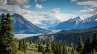Snow-capped mountain range above a forested river valley under a blue sky, with no people, buildings, logos, or readable text.