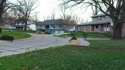 Curving residential street with ranch homes and bare trees on a quiet Tennessee morning, no people or text