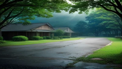 Wet country road curving past a low house and trees in morning mist after rain, no people or text