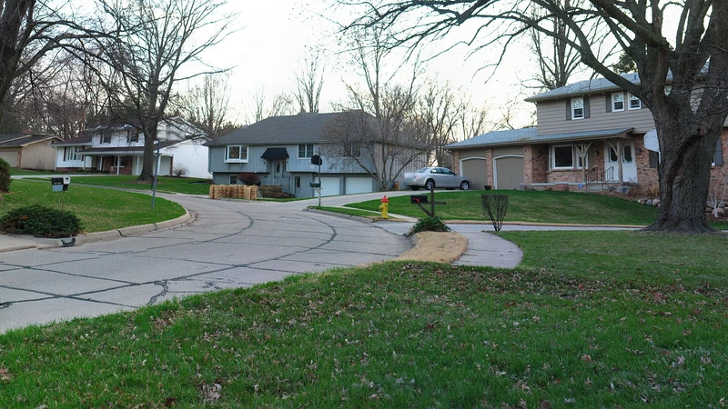Quiet residential street with two-story houses, bare trees and a curving driveway on a cloudy day, no people or text