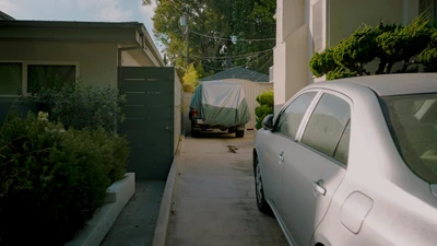 Silver sedan parked in a narrow residential driveway beside green shrubs and a covered car, no people or text