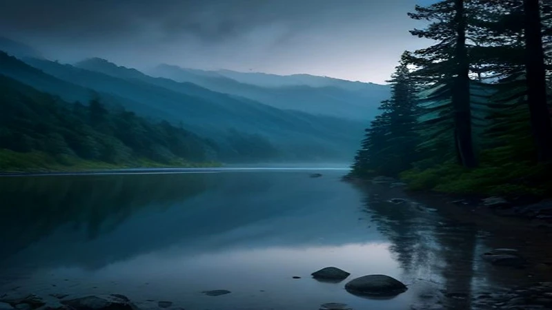 Calm mountain lake at dawn with mist over the water and evergreen trees along the shore, no people, logos, or text